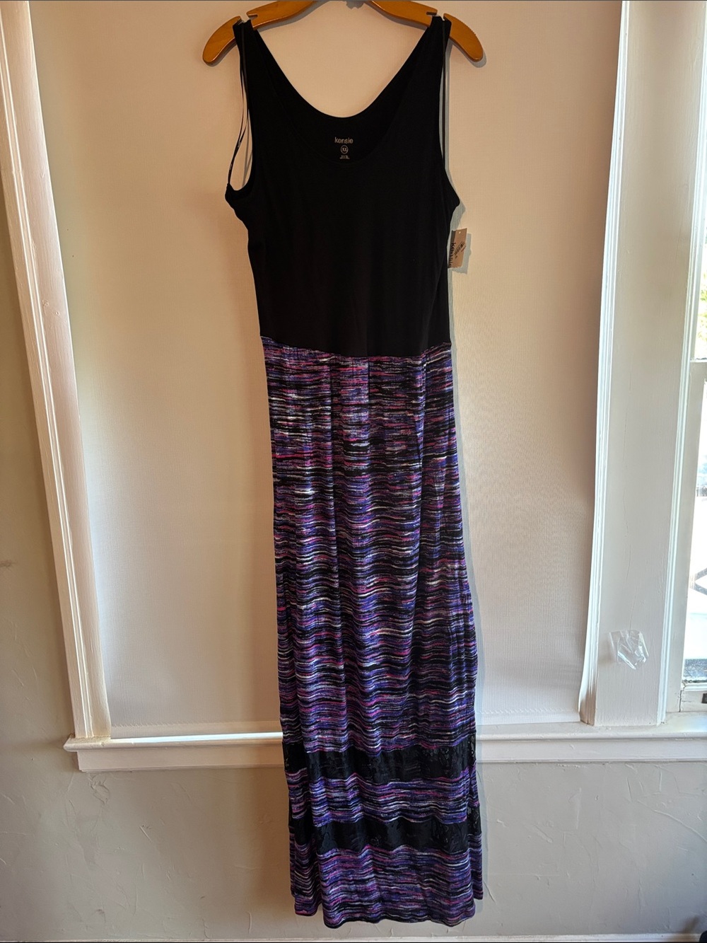 Kensie Black Top with Purple Multicolor Stripe Maxi Dress